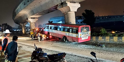 A KSRTC bus with 45 passengers on board hit Namma Metro pillar near Kengeri on Bengaluru-Mysuru highway. (Photo| EPS)