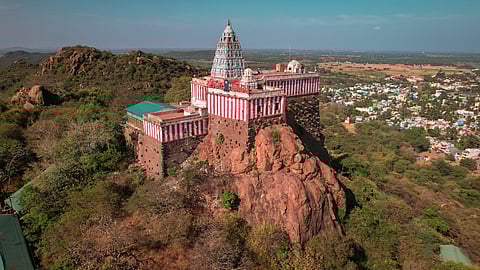 Vedhagireeshwarar temple on top of the hill in Tirukalukundram, Tamil Nadu. (Photo | Harrish Kumar S B)