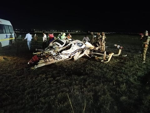 A state helicopter crashed at Raipur airport today. (Photo : ANI Twitter)
