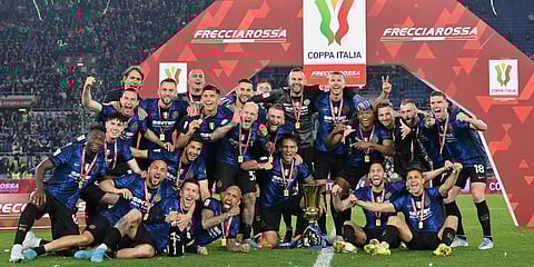 Inter Milan's team celebrates after winning the Italian Cup final soccer match between Juventus and Inter Milan at the Stadio Olimpico in Rome, Italy. (Photo | AP)