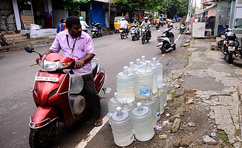 Bubble top water cans for sale on a roadside in Chennai. (Photo | Debadatta Mallick, EPS)