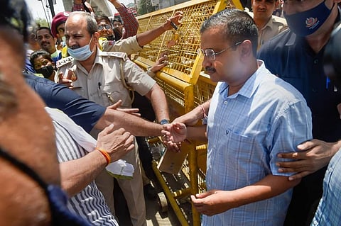 Delhi CM Arvind Kejriwal at the site, after a massive fire at an office building near the Mundka Metro Station, in West Delhi, Saturday, May 14, 2022. (Photo | PTI)