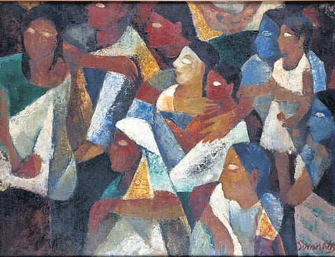 Congregation in a village, oil on canvas (1957)