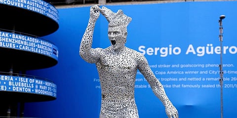 A statue of Manchester City legend Sergio Aguero unveiled outside the Etihad Stadium, to commemorate the 10th anniversary of the Club's first EPL title and the iconic '93:20' moment. (Photo | AP)