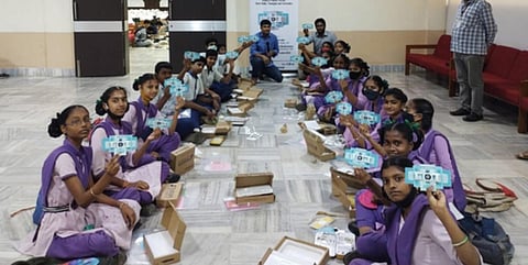 Students learn about the nature of foldscope at a training centre established at Government Degree College in Srikakulam. (Photo| EPS)