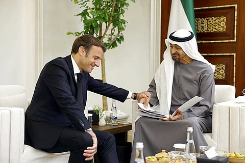 French President Emmanuel Macron, left, meets newly-elected president of the United Arab Emirates Sheikh Mohammed bin Zayed Al Nahyan to mourn the death of Sheikh Khalifa Bin Zayed Al Nahyan(Photo|AP)