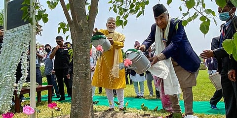 Prime Minister Narendra Modi and Nepal PM Sher Bahadur Deuba at the sacred Maya Devi Temple, Lumbini. (Photo | AP)