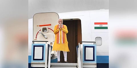 Prime Minister Narendra Modi emplanes for Lumbini, the birth place of Lord Buddha(Photo | Twitter/MEAIndia)