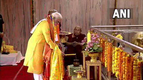 PM Narendra Modi offers prayers at Mahanirvana Stupa in Kushinagar, Uttar Pradesh on Buddha Purnima 2022. (Photo | ANI)