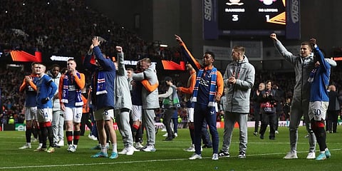 Rangers players celebrate after the Europa League semifinal, second leg, soccer match between Rangers and RB Leipzig at Ibrox Stadium in Glasgow, Scotland. (Photo | AP)