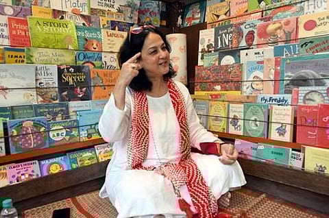 Nilekani interacting with children at the reading of her book 'The Great Rifasa' in Bengaluru on Sunday.Epress photo | Nagaraja Gadekal'