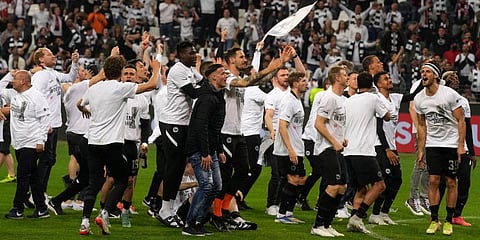 Eintracht Frankfurt's team celebrates after the Europa League semi final second leg match against West Ham United in Frankfurt, Germany. (Photo | AP)