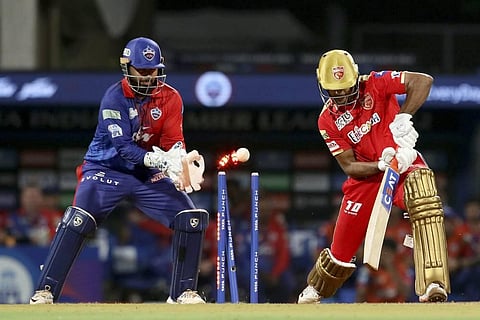 Mayank Agarwal, captain of Punjab Kings gets out during the 64th T20 cricket match of the Indian Premier League 2022. (Photo | PTI)