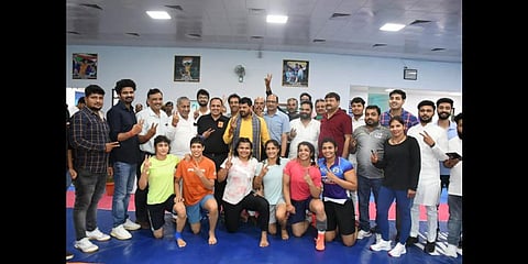 Winners of the selection trials pose with WFI president Brij Bhushan Sharan Singh.