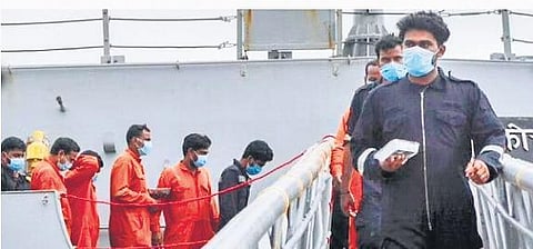 Survivors of Barge P-305 that sank off the Mumbai coast walk out from the Indian naval ship INS Kochi in Mumbai | File Photo