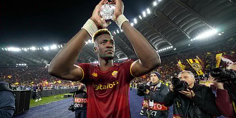 Roma's Tammy Abraham celebrates at the end of a Conference League soccer match against Leicester City, at Rome's Olympic Stadium. (Photo| AP)