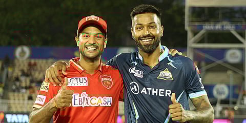 Punjab Kings skipper Mayank Agarwal and Gujarat Titans counterpart Hardik Pandya. (Photo| Twitter)