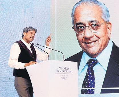 Former cricketer Kapil Dev speaking at the memoriam function of N Sankar in Chennai. (Photo| EPS, DEBADATTA MALLICK)