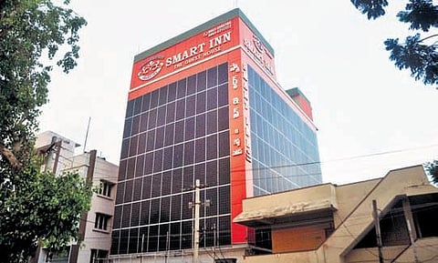 Solar panels used on front and side elevation look like glass panels in the five-storied building near Gurudwara Junction in Visakhapatnam. ( Photo | EPS, G satyanarayana)