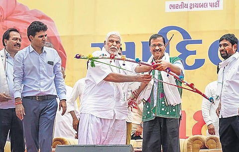 AAP chief Arvind Kejriwal at a function in Gujarat’s Bharuch on Sunday | PTI