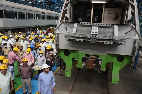 Ashwini Vaishnaw, Union Minister of Railways, Communication and Electronics & Information Technology visited intergal coach factory, in Chennai on Friday. (Photo | R Sathish Babu/EPS)