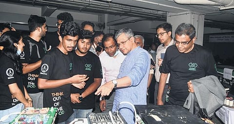 Union Railway Minister Ashwini Vaishnaw interacting with Team Avishkar about the hyperloop project at IIT-Madras on Thursday
