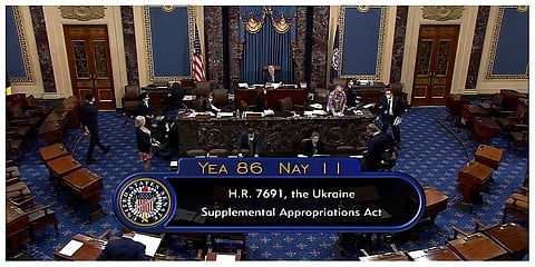 This image from Senate Television video shows the final vote of 86-11 as the Senate overwhelmingly approved a $40 billion infusion of military and economic aid for Ukraine and its allies on Thursday.