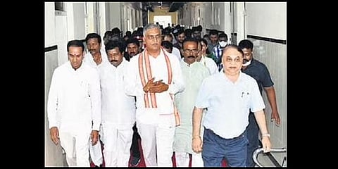 A grim-faced Minister Harish Rao at AIIMS, Bibinagar on Friday.