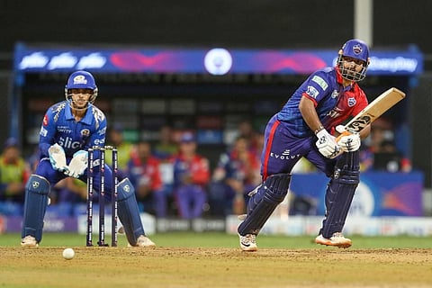 Rishabh Pant, captain of Delhi Capitals plays a shot during the Indian Premier League 2022 cricket match between Mumbai Indians and Delhi Capitals. (Photo | PTI)