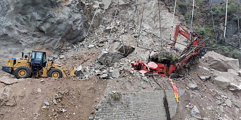 A rescue operation is going on on the Jammu-Srinagar National Highway in the Ramban district area. (Photo| ANI)
