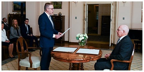 Anthony Albanese is sworn in as Australia's Prime Minister by Australian Governor-General David Hurley, right, during a ceremony at Government House in Canberra, Monday, May 23, 2022. (Photo |AP)