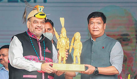 Union Home Minister Amit Shah with Arunachal Pradesh CM Pema Khandu during a rally in Namsai in the northeast state on Sunday | pti
