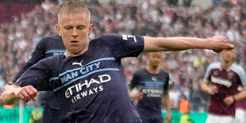 Manchester City's Oleksandr Zinchenko during the EPL soccer match against West Ham United and Manchester City at London Stadium. (Photo | AP)