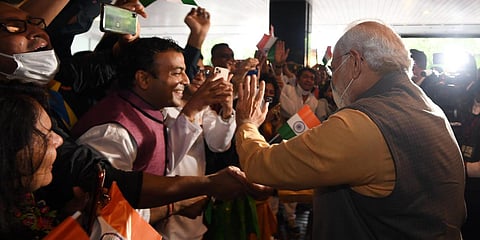 PM Narendra Modi interacts with Indian community in Tokyo. (Photo| Twitter)