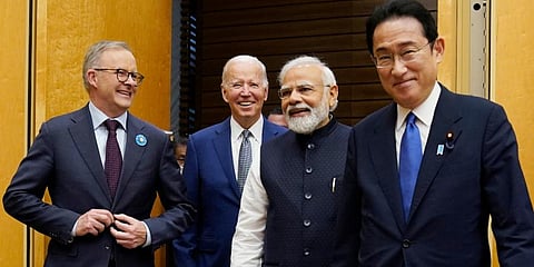Australia PM Anthony Albanese (L) US President Joe Biden, PM Narendra Modi are greeted by Japan PM Fumio Kishida (R) during his arrival to the Quad leaders summit at Kantei Palace. (Photo | AP)