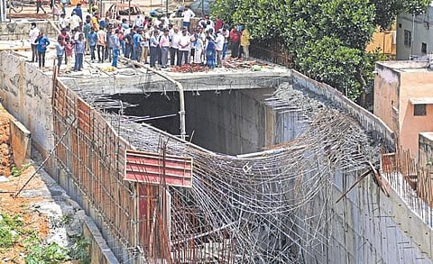 A massive gap after the stormwater drain collapsed in Kalidasa Layout, in Bengaluru on Tuesday | Shriram BN