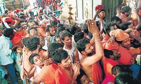 Devotees gather in large numbers at the Sri Sitaramachandra Swamy temple in Bhadrachalam on Wednesday