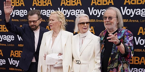 Members of ABBA, from left, Bjorn Ulvaeus, Agnetha Faltskog, Anni-Frid Lyngstad and Benny Andersson arrive for the ABBA Voyage concert at the ABBA Arena in London, Thursday May 26, 2022.(Photo | AP)