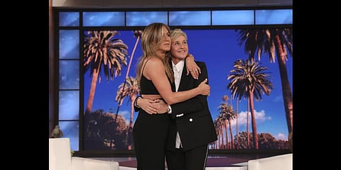 In this photo released by Warner Bros., talk show host Ellen DeGeneres, right, is embraced by Jennifer Aniston during the final taping of 'The Ellen DeGeneres Show'.(Photo | AP)