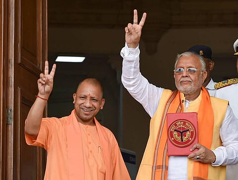 Uttar Pradesh Chief Minister Yogi Adityanath with state Finance Minister Suresh Kumar Khanna before the presentation of the State Budget 2022-23. (Photo | PTI)