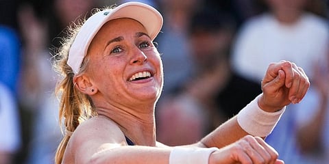 Jil Teichmann celebrates winning her third round match against Victoria Azarenka at the French Open tennis tournament in Roland Garros stadium in Paris, France. (Photo | AP)