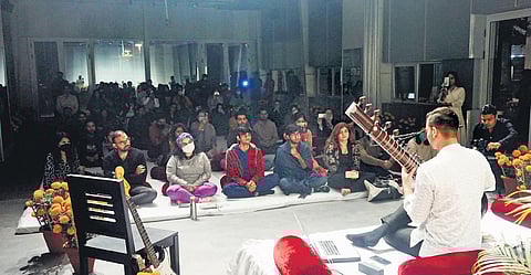 Images from previous ‘Sitar for Mental Health’ performances by Rishab Rikhiram Sharma. The musical project promotes the therapeutic nature of classical music.