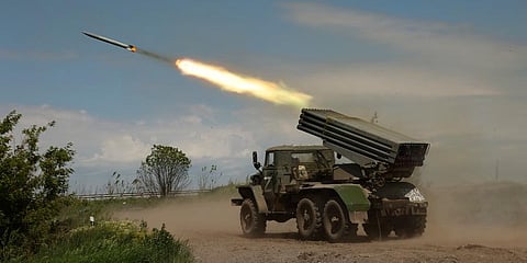 A Donetsk People's Republic militia's multiple rocket launcher fires from its position not far from Panteleimonivka. (Photo | AP)