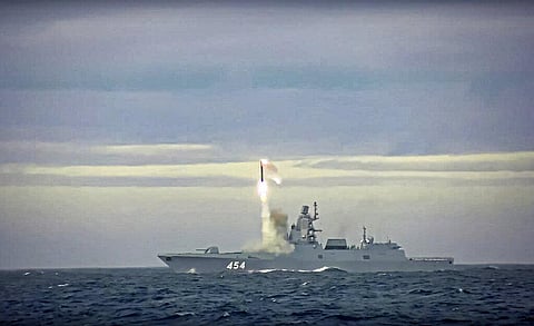 A new Zircon hypersonic cruise missile is launched by the frigate Admiral Gorshkov of the Russian navy from the Barents Sea. (Photo | AP)