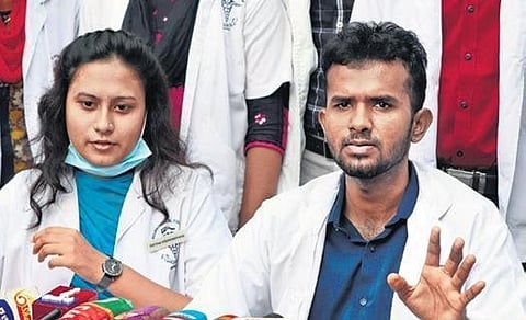 GMMC student council members speak to reporters on Monday. (Photo | EPS, K K Sundar)