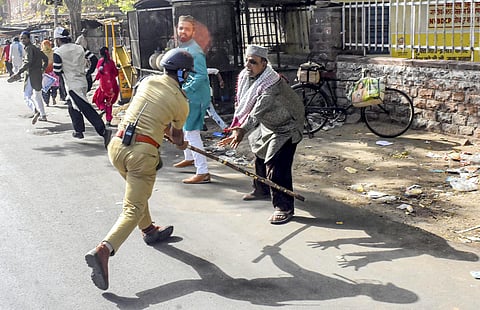 Police resort to baton charge after clashes broke out between two communities on Eid-ul-Fitr, in Jalori Gate area, in Jodhpur, Tuesday. (Photo | PTI)