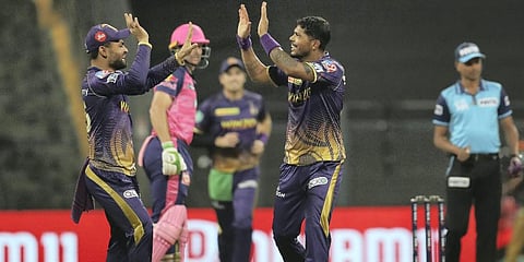 Umesh Yadav of the Kolkata Knight Riders celebrates the wicket of Devdutt Padikkal of Rajasthan Royals during the IPL 2022 at the Wankhede Stadium in Mumbai. (Photo | PTI)
