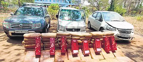 Kandukur police seized `10 lakh ganja, three cars worth `20 lakh and eight liquor bottles from the accused. (Photo | EPS)