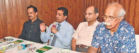 Prof Govind Makharia (with mic) addressing mediapersons in Bhubaneswar. (Photo | EPS)