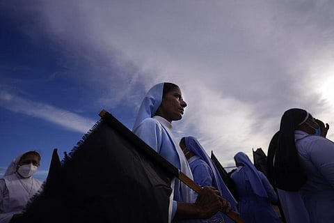 Catholic nuns march during a protest near the president's official residence in Colombo, Sri Lanka, Saturday, May 28, 2022. (Photo | AP)